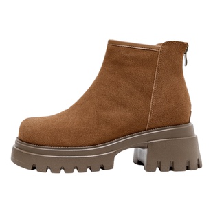 真皮内增高马丁靴女粗跟厚底防水台后拉链瘦瘦低帮短靴小码33 34