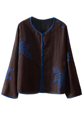 溯也两面穿桑蚕丝香云纱盘绳刺绣真丝圆领开衫外套女新中式秋