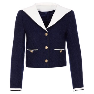 深蓝色海军领粗花呢外套高腰裙裤圆领连衣裙小香风时尚套装三件套