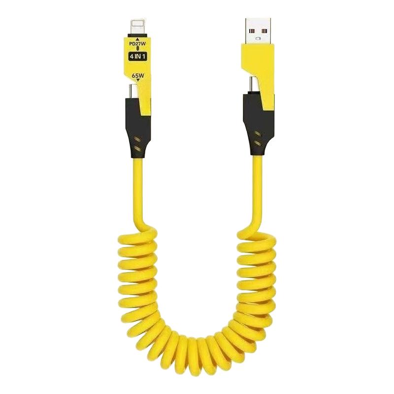 四合一弹簧伸缩数据线车载carplay超级快充适用苹果华为小米四合一弹簧伸缩二拖二手机快充数据线车载充电线