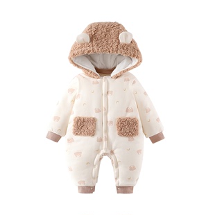 宝宝棉服连体衣冬季婴儿夹棉加厚哈衣棉袄外出保暖爬爬服可爱小熊