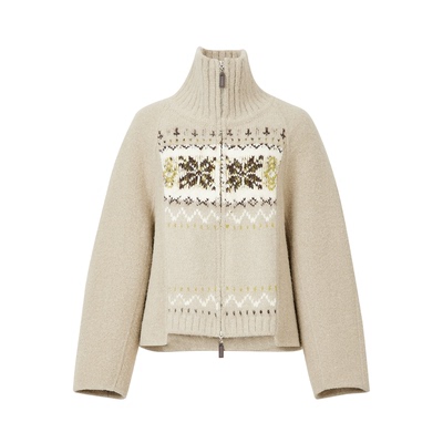 ELEI 25冬新品 羊毛羊驼混纺费尔岛针织纹案立领翻领短款毛呢外套