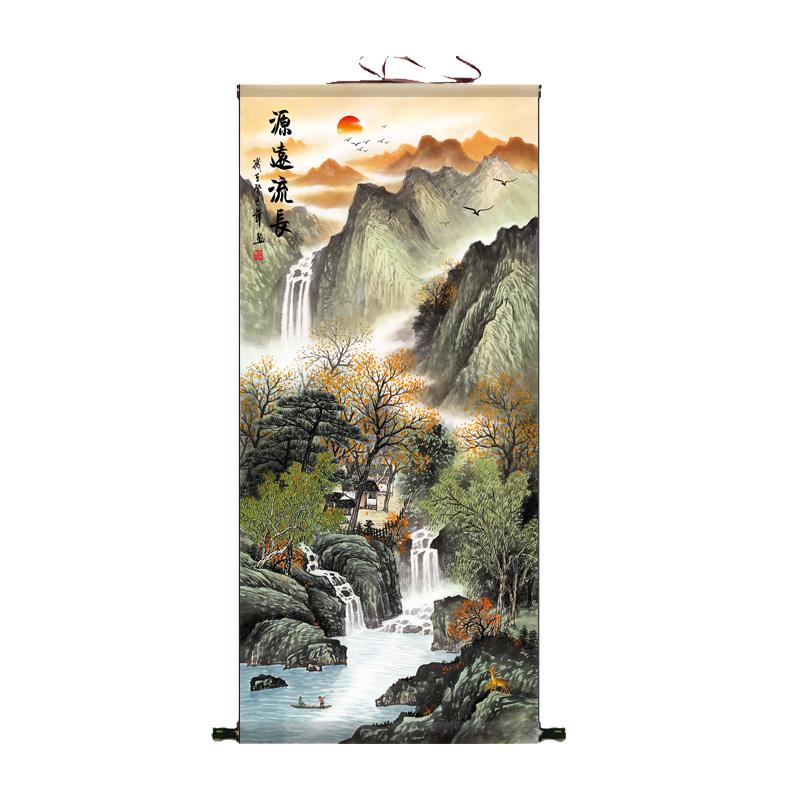 办公室招财山水聚宝盆丝绢卷轴画条幅风景画风水字画礼品挂画富水