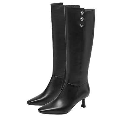 KISSCAT接吻猫[职场大女主]长靴25新瘦瘦靴高跟靴真皮黑色长筒靴