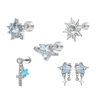 蓝色土星爱心耳钉女钛合金星芒耳环锆石钛钢耳坠耳骨钉耳蜗钉耳饰