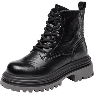 YRC厚底马丁靴女款新款冬季石头纹漆皮女靴增高潮酷英伦短靴