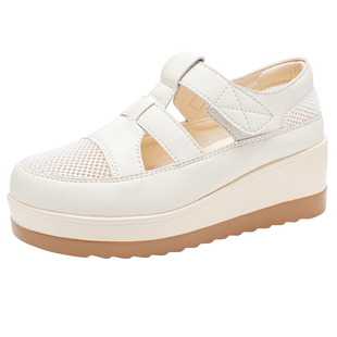 中年妈妈网面罗马凉鞋女夏季包头厚底中跟透气舒软底防滑魔术贴鞋