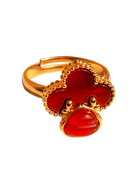 新年红色天然贝母四叶草戒指女