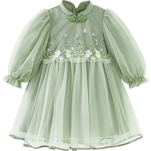 迷你巴拉网纱长袖连衣裙女童宝宝国风甜美亲肤拼接风春新款