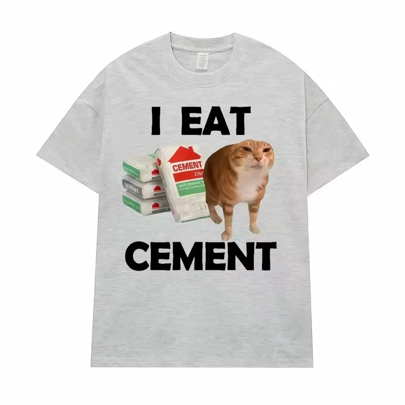 I Eat Cement 搞怪橘猫 meme 短袖 猎奇沙雕猫咪印花宽松男女T恤