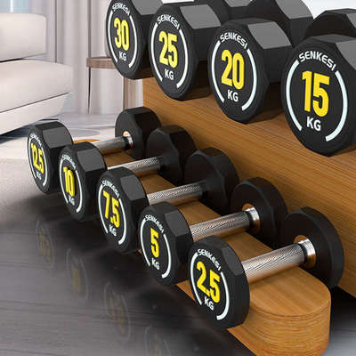 健身哑铃男士家用套装女士健身房圆头十边哑铃PEV纯钢实心一体杠