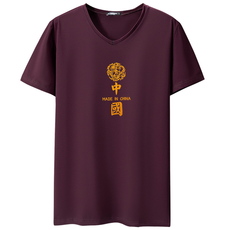 国潮短袖t恤男加肥加大码V领夏季半袖上衣服胖子肥佬鸡心领打底衫