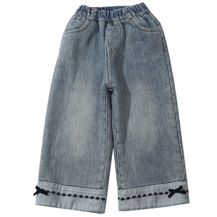 女童加厚一体羊驼绒牛仔裤冬装儿童一条过冬加绒直筒裤子小女孩潮