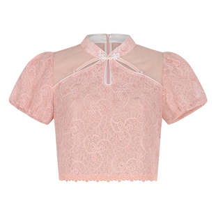 固执夏季新款新中式盘扣钉珠拼接泡泡短袖蕾丝衫80042SY09243