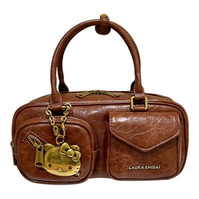 劳拉时黛时尚油蜡皮手提保龄球包双口袋机车包女包2026新款斜挎包