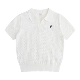 LINHOUSE夏新品白色麻花POLO衫薄毛衣显瘦休闲百搭针织衫上衣t女
