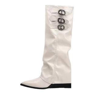 牛皮版~法式尖头裤管靴2025新款显瘦9cm复古皮带扣不过膝长筒靴女