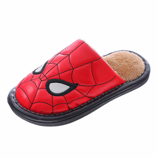 新款 儿童棉拖鞋男童冬季 pu皮面防水男孩宝宝包头毛绒拖鞋冬