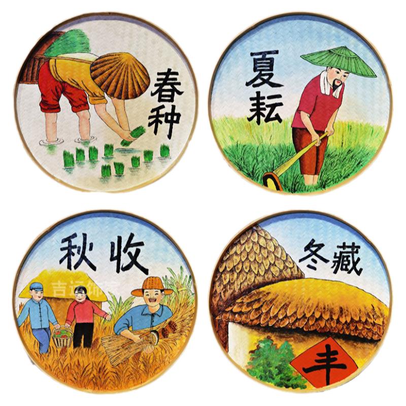 手绘圆竹编簸箕画田园农家乐墙面装饰画复古怀旧美丽乡村振兴挂画