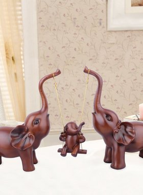 树脂工艺品 欧式木色荡秋千三口象摆件 创意客厅电视柜家居装饰品