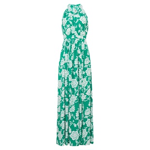 DVF2025秋冬新款青绿浪漫繁花图案挂脖连衣裙DS2T023