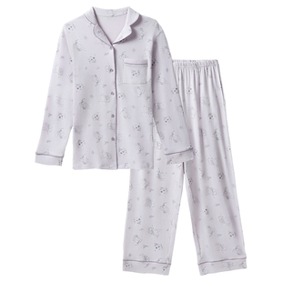 tutuanna春夏睡衣女 日本同款人棉透气猫咪满印长袖家居服套装