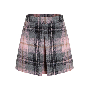 SourceWithU 小羊肖恩 秋冬毛球童趣毛衣女粉灰撞色格纹毛呢半裙
