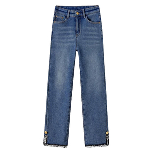 特大码胖mm韩系蓝色毛边九分牛仔裤女梨形报恩裤弹力显瘦直筒裤子