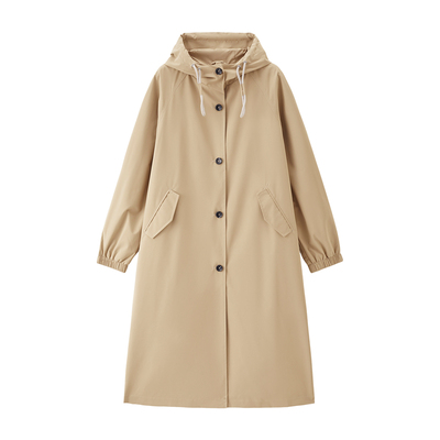 插肩袖连帽中长款防水风衣