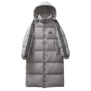 90白鸭绒三杠灰色羽绒服女2025秋冬季新品连帽超长款加厚学生外套