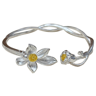 并蒂莲纯银手镯女款999足银凤舞绣球盘缠手链叠戴手饰吉言银镯子