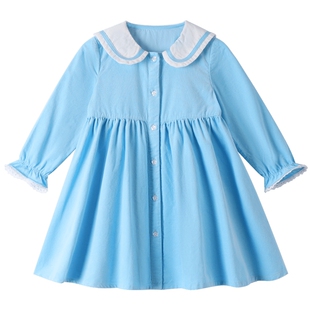 安奈儿女小童装长袖连衣裙秋季款纯棉甜美学院风灯芯绒A字裙