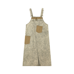 吴童童灰绿色直筒牛仔背带连衣裙女夏季韩系慵懒宽松显瘦A字长裙