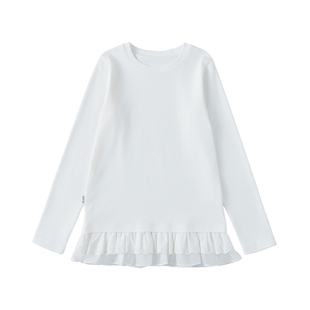 棵初2026年春季新款亲子中大女童纯色拼接打底衫下摆蕾丝简约上衣