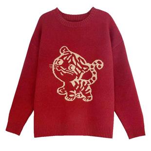 清仓!新年红色圆领套头毛衣女秋冬宽松韩版学院慵懒风百搭针织