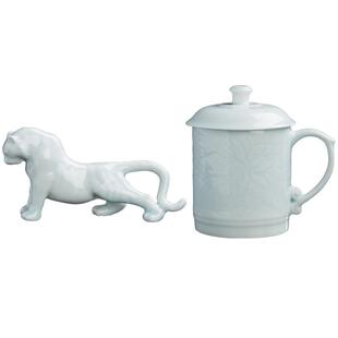 景德镇官方影青陶瓷清莲虎杯办公室水杯茶水马克杯送礼带盖杯子