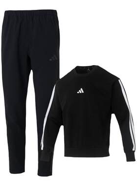 Adidas阿迪达斯套装男款官网正品黑色加绒卫衣长裤跑步两件套男