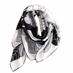 黑白山茶花真丝大方巾100%桑蚕丝法式小香风格丝巾女春秋围巾披肩