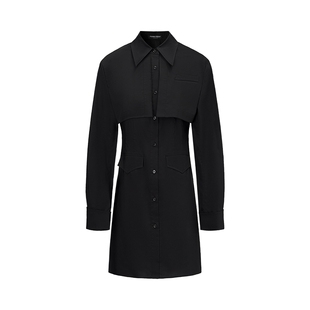 FF仿佛2025年春季新款黑色假两件衬衫连衣裙女翻领显瘦中长裙