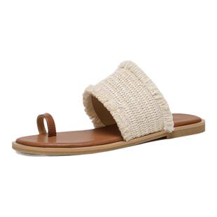 BeauToday棕岛漫织凉鞋海边女款2026夏草编平底度假套趾拖鞋外穿