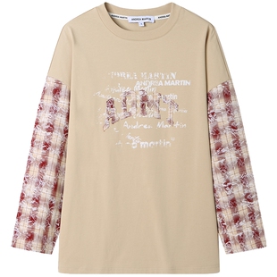 【刘耀文同款】ANDREA MARTIN 新款印花蕾丝格纹拼接长袖T恤女