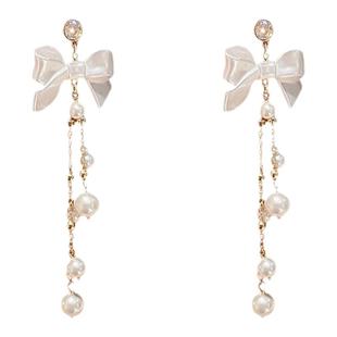 蝴蝶结珍珠款流苏螺旋耳夹长款法式气质无耳洞耳环小众设计感耳饰