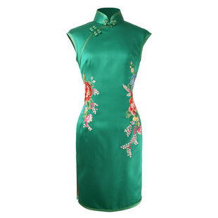 新款量体定制手工刺绣海派晚宴修生高端经典妈妈高考真丝缎短旗袍