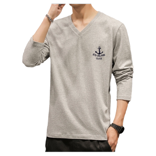 2026潮流男士长袖t恤纯棉V领新款上衣服男装春季纯色基础款打底衫