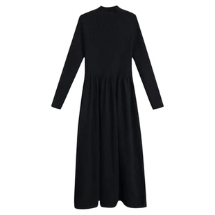 黑色长袖长裙秋冬季高领加绒礼服连衣裙女赫本风小黑裙冬装高级感