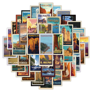 复古风50张世界国家风景地理写真贴纸装饰笔记本头盔相框画手账手机壳水杯电动车滑板iPad拉杆箱DIY防水贴纸