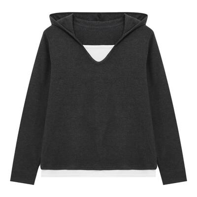 Basic House/百家好连帽长袖T恤女士新款假两件宽松休闲松弛上衣