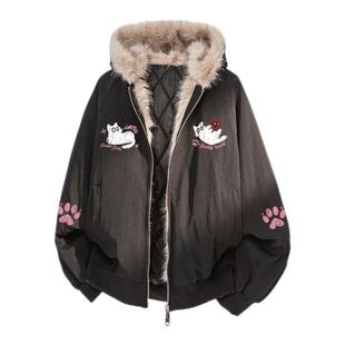 查尔斯桃心猫咪印花连帽座山雕棉服男冬加厚保暖休闲情侣棉袄外套