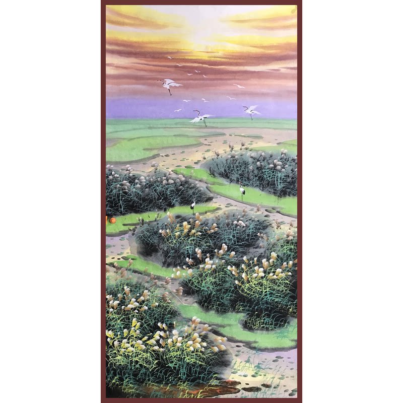 手工绘制四尺山水芦苇风景国画日落意境田园自然风光景观天空墙画
