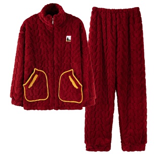 浪莎红色情侣睡衣女秋冬季珊瑚绒加绒加厚法兰绒男家居服拉链套装